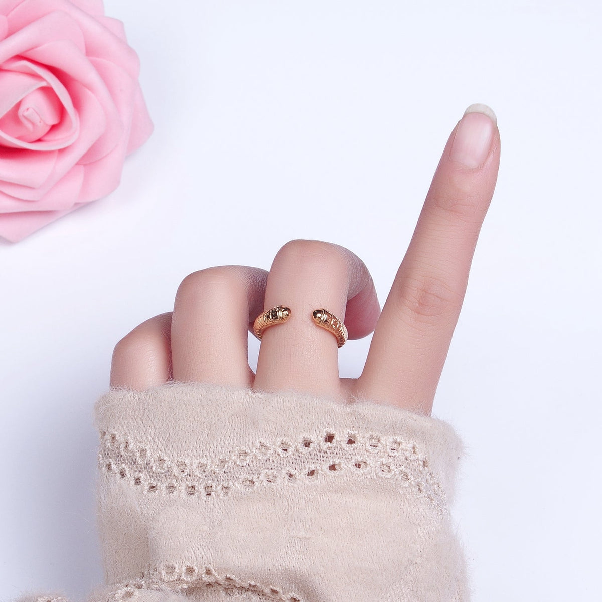 16K Gold Filled Engraved S Crescent Moon Open Adjustable Ring  in Gold &amp; Silver | O-1926 O-1927