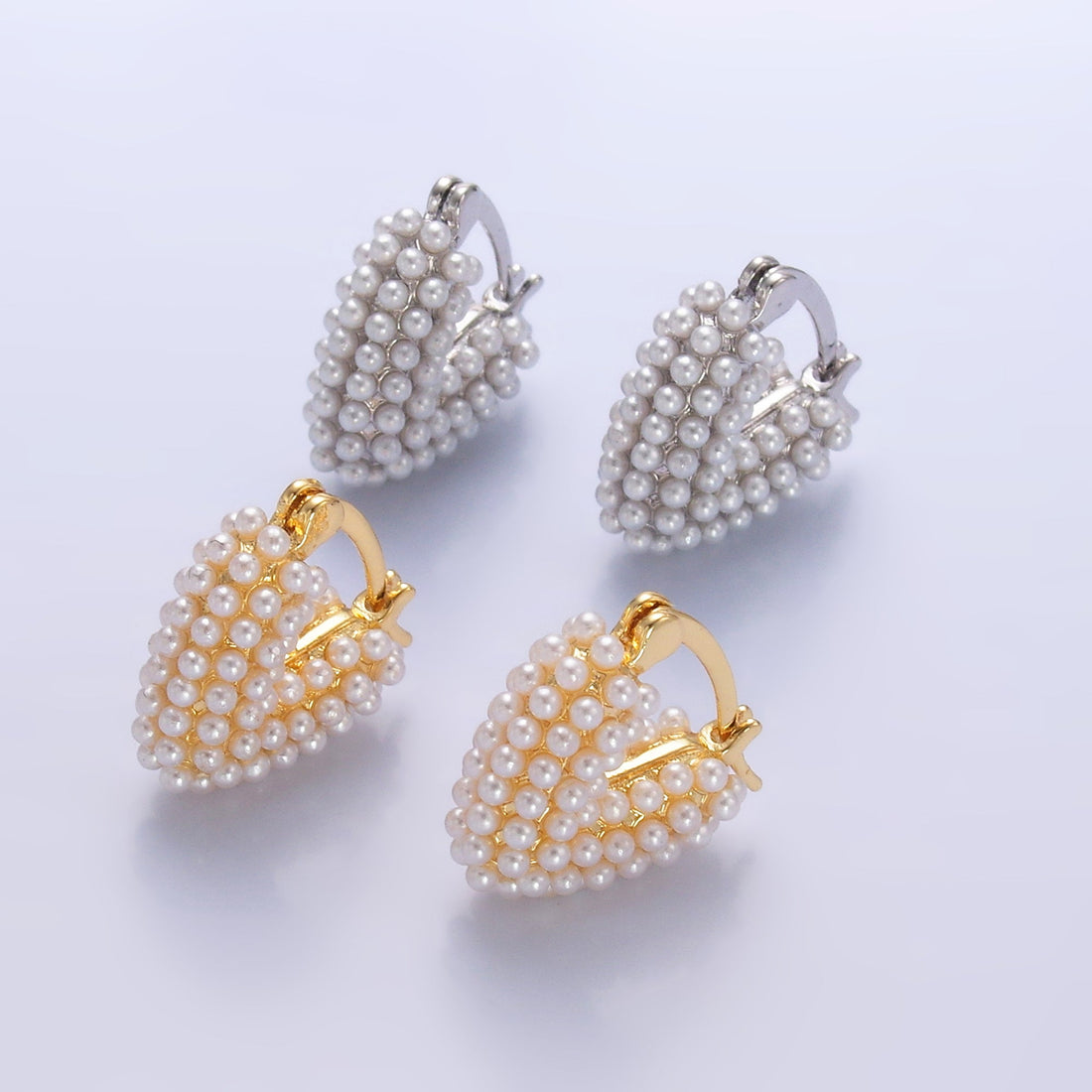 24K Gold Filled Shell Pearl Dotted Heart V-Shaped Latch Hoop in Gold &amp; Silver | AB694 AB695