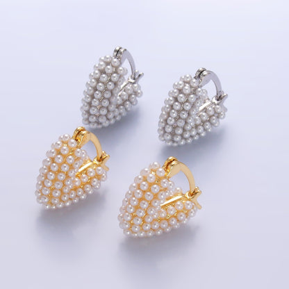 24K Gold Filled Shell Pearl Dotted Heart V-Shaped Latch Hoop in Gold &amp; Silver | AB694 AB695