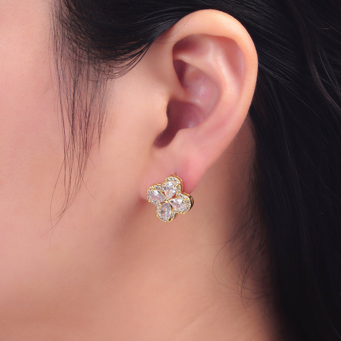 24K Gold Filled Clear CZ Micro Paved CZ Quatrefoil Stud Earrings in Gold &amp; Silver | AB688 AB689
