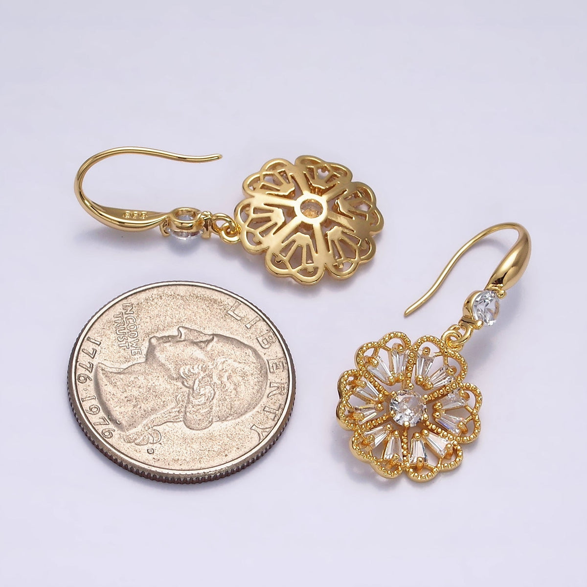 16K Gold Filled Open Flower Triangle Baguette Beaded CZ Drop French Hook Earrings in Gold &amp; Silver | AD1548 AD1549