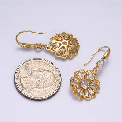 16K Gold Filled Open Flower Triangle Baguette Beaded CZ Drop French Hook Earrings in Gold &amp; Silver | AD1548 AD1549