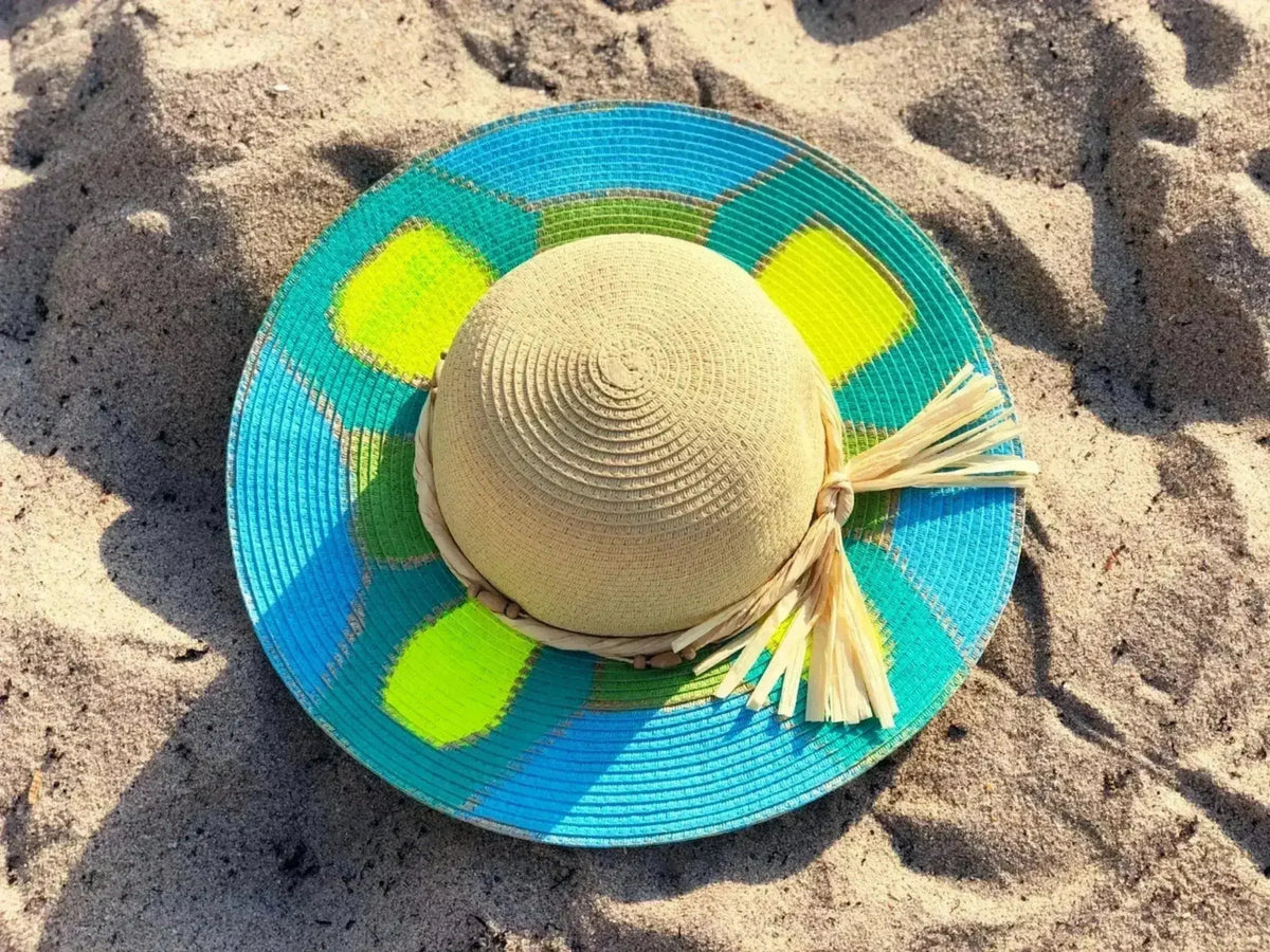 Hand painted Mosaic Sun Hat - Aqua Blue &amp; Unique | Femstylo