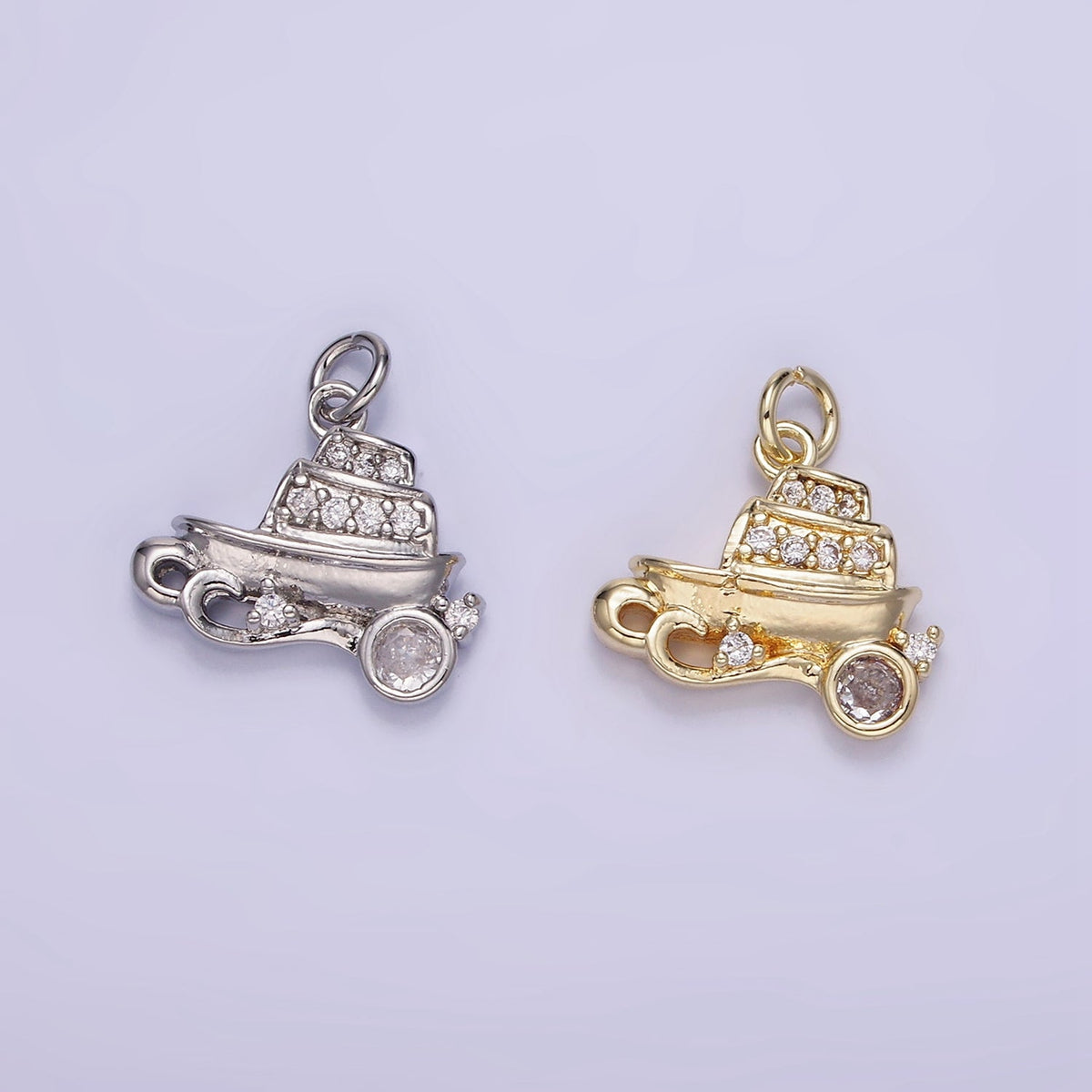 14K Gold Filled 14mm Vehicle Motor Sea Boat CZ Micro Paved Charm in Gold &amp; Silver | W537