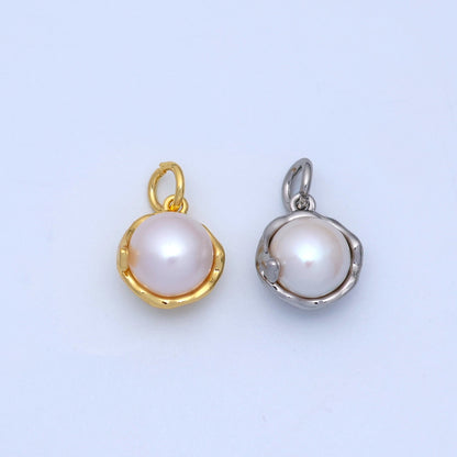 24K Gold Filled White Shell Pearl Bezel Round Charm in Gold &amp; Silver | N026