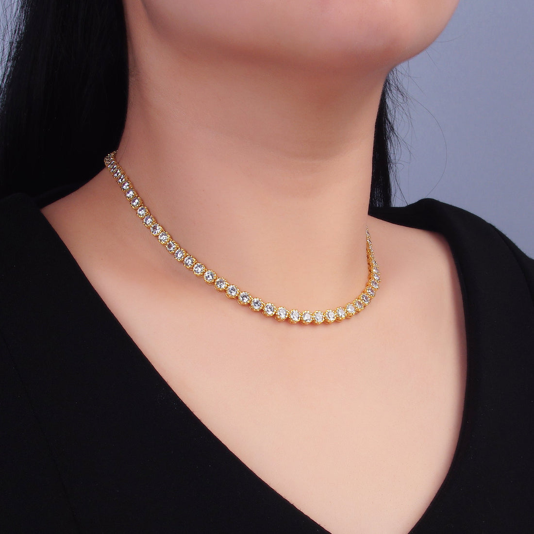 24K Gold Filled Round CZ Encapsulate Tennis Chain 16 Inch Necklace in Gold &amp; Silver | WA-3025 WA-3026