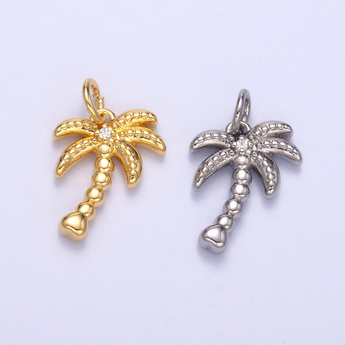 24K Gold Filled CZ Dotted Nature Palm Tree 3D Multidimensional Charm in Gold &amp; Silver | N019