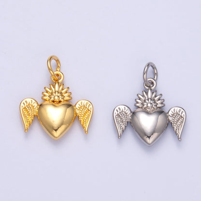 24K Gold Filled Sacred Heart Wings Multidimensional 3D Charm in Gold &amp; Silver | N052
