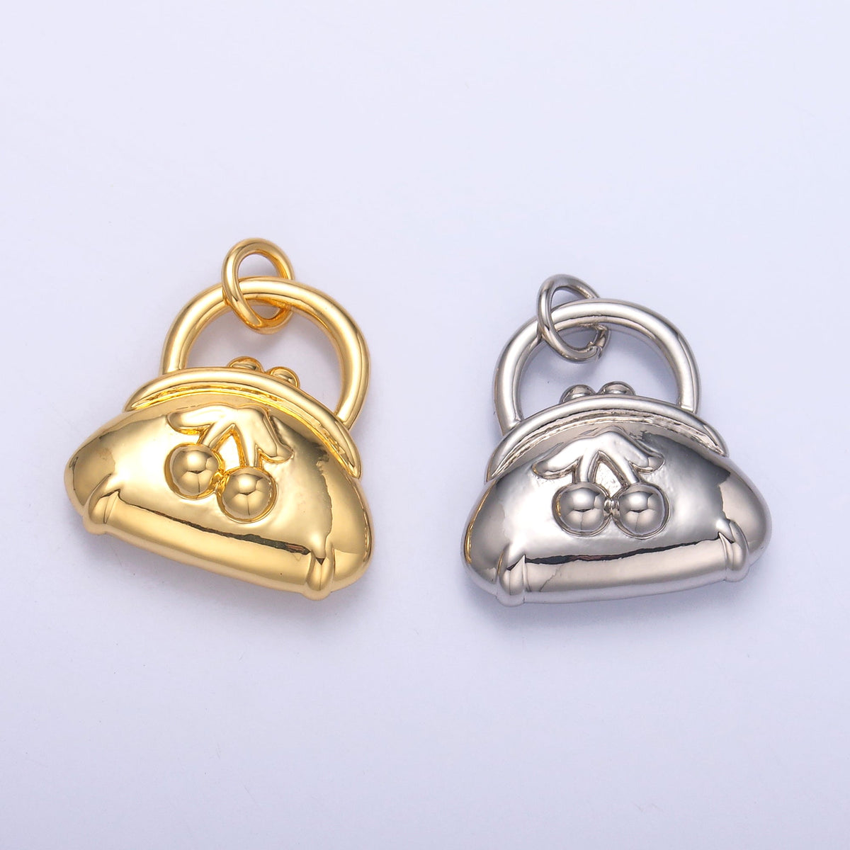 24K Gold Filled Cherry Fruit Purse Bag 3D Multidimensional Charm in Gold &amp; Silver | N001