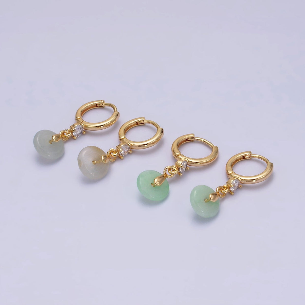 16K Gold Filled Green, White Jade Donut Round Drop Clear CZ Huggie Earrings | AE633 AE652
