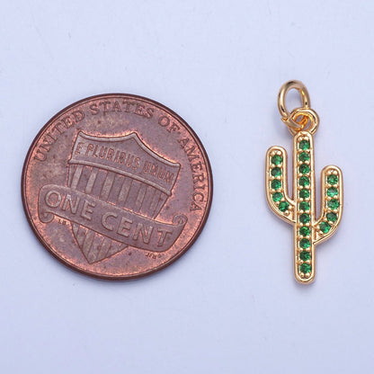 16K Gold Filled Clear, Green Micro Paved CZ Cactus Desert Plant Charm | X036 X037