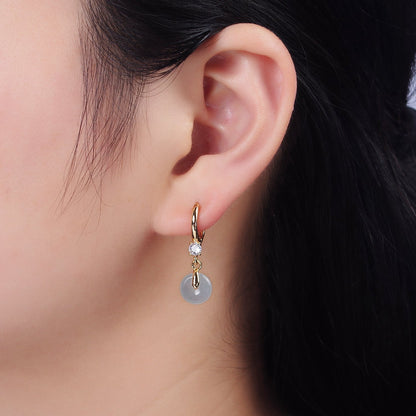 16K Gold Filled Green, White Jade Donut Round Drop Clear CZ Huggie Earrings | AE633 AE652