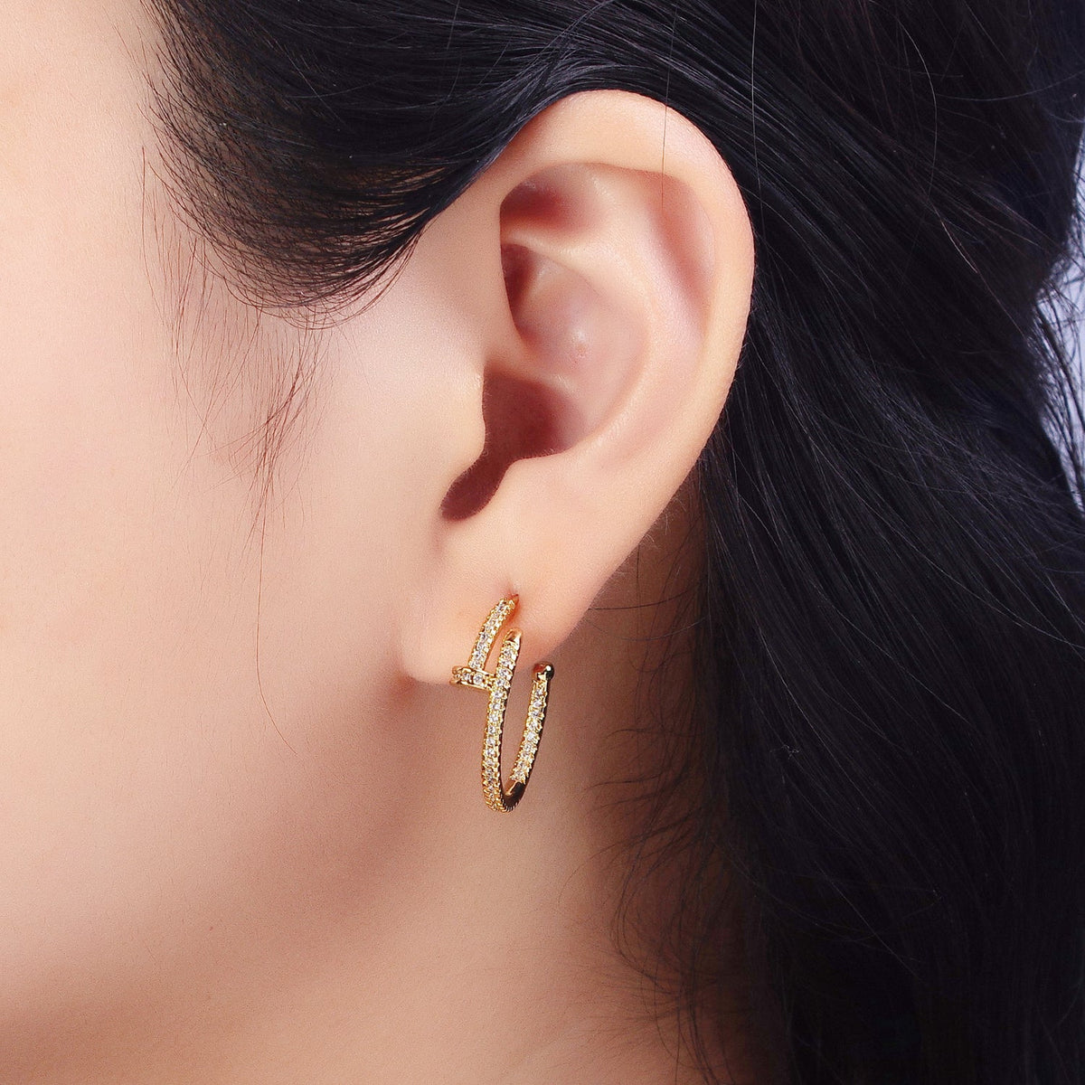 24K Gold Filled 23mm Needle Micro Paved CZ Hoop Earrings in Gold &amp; Silver | AB534 AB535
