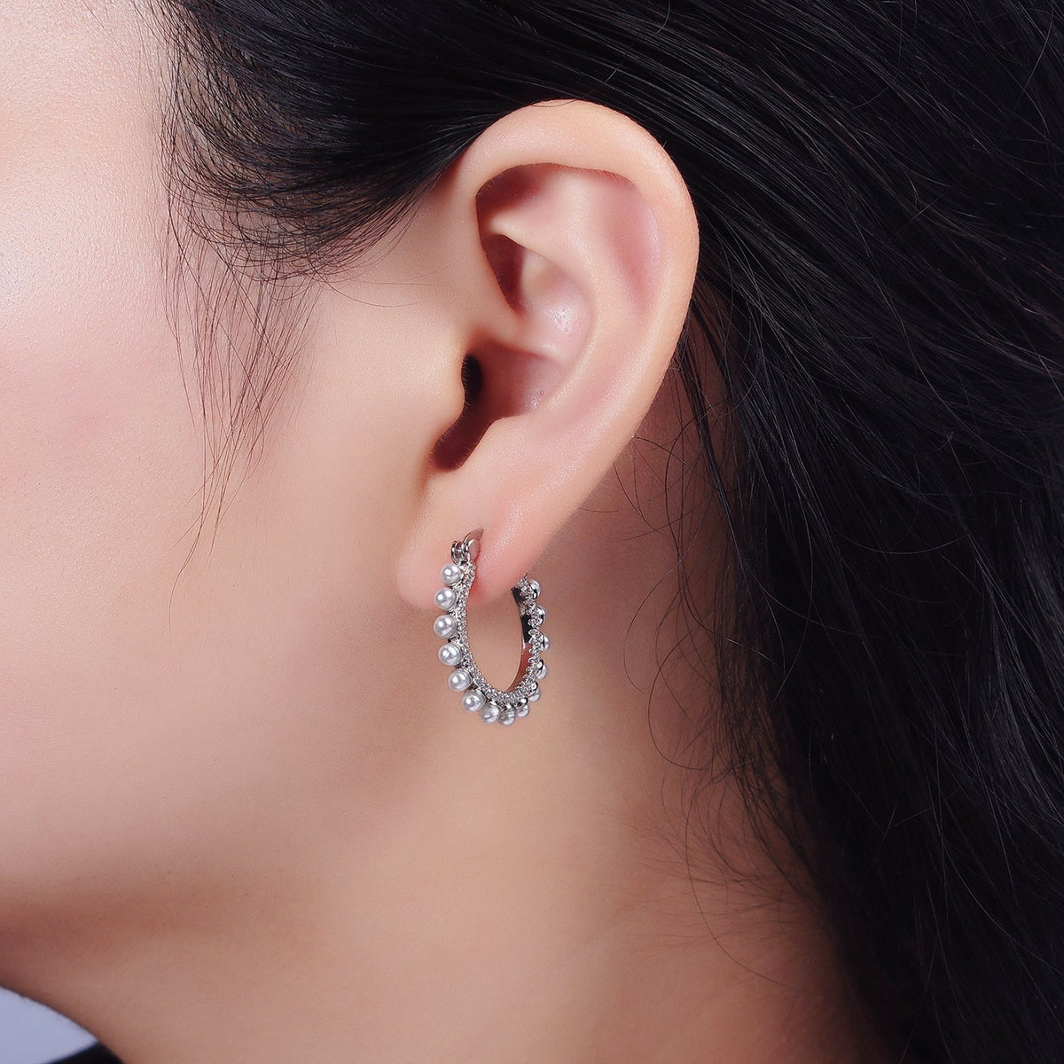 14K Gold Filled 23.5mm Micro Paved CZ Shell Pearl Dotted Latch Hoop Earrings in Gold &amp; Silver | AE993 AE994