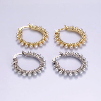 14K Gold Filled 23.5mm Micro Paved CZ Shell Pearl Dotted Latch Hoop Earrings in Gold &amp; Silver | AE993 AE994