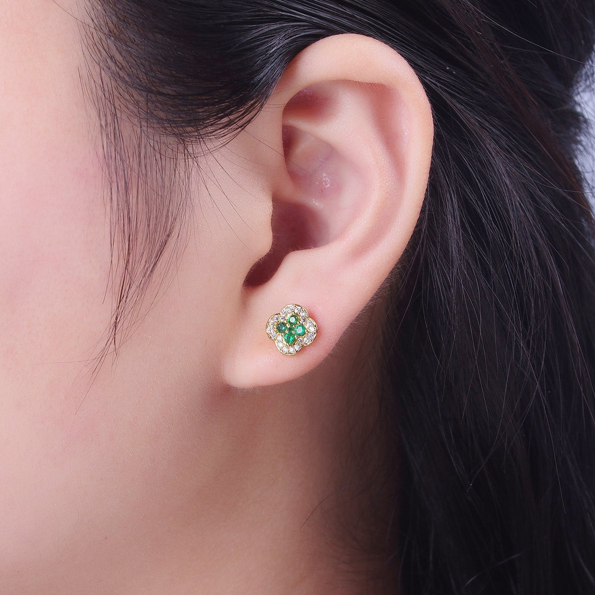 24K Gold Filled Micro Pave Green &amp; Clear Cubic Zirconia Lucky Clover Leaf Stud Earrings | AD-512