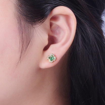 24K Gold Filled Micro Pave Green &amp; Clear Cubic Zirconia Lucky Clover Leaf Stud Earrings | AD-512