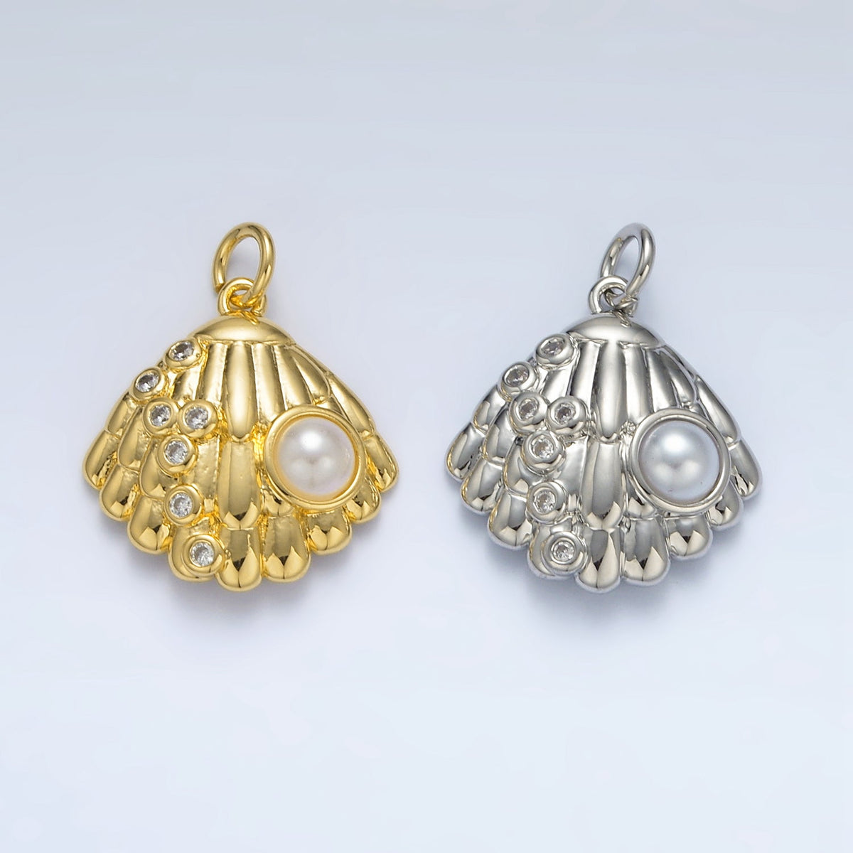 24K Gold Filled 19mm Shell Pearl CZ Dotted Clam Sea Shell Charm in Gold &amp; Silver | AG866