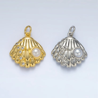 24K Gold Filled 19mm Shell Pearl CZ Dotted Clam Sea Shell Charm in Gold &amp; Silver | AG866