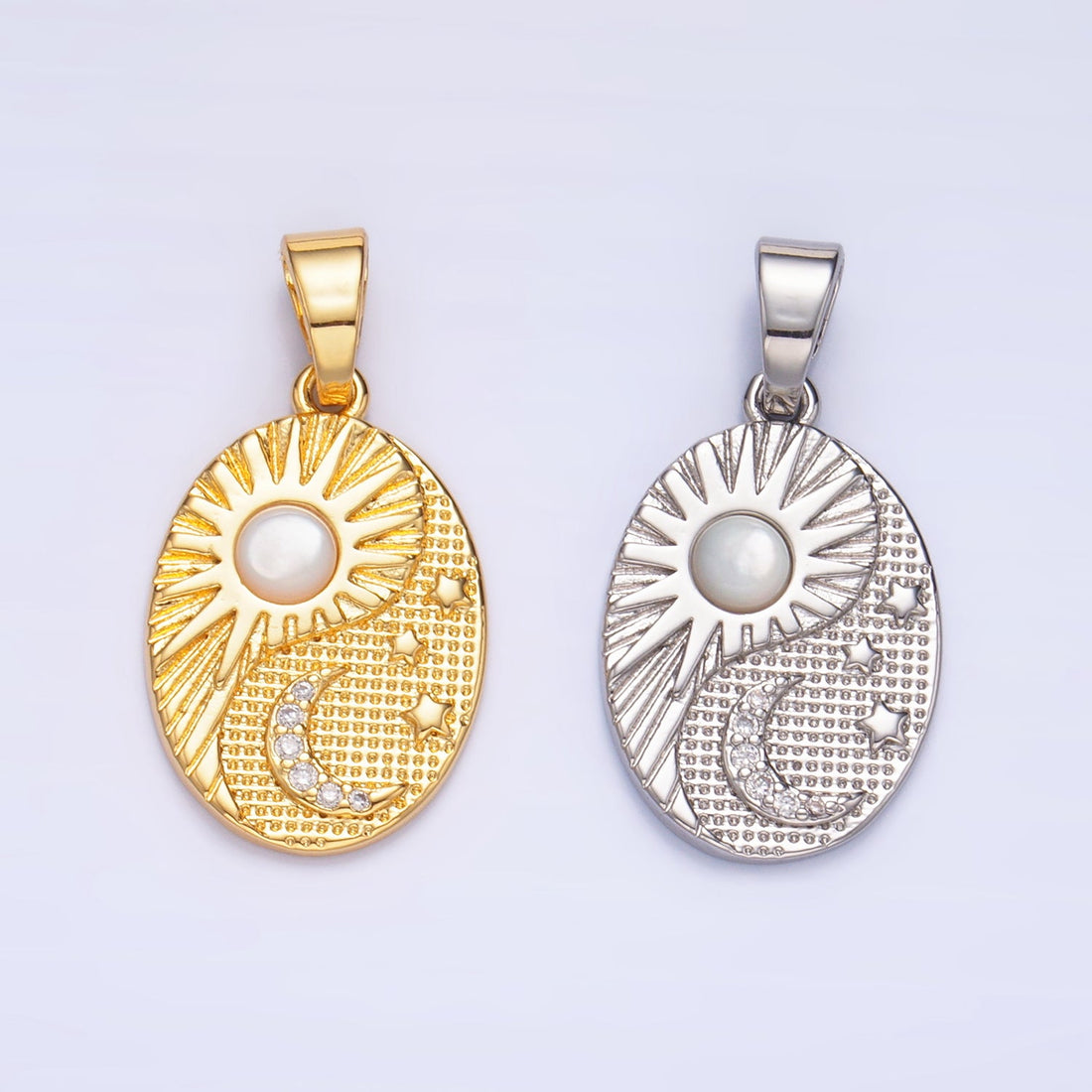 24K Gold Filled Shell Pearl Micro Paved Celestial Sun Moon Oval Pendant in Gold &amp; Silver | AA1021