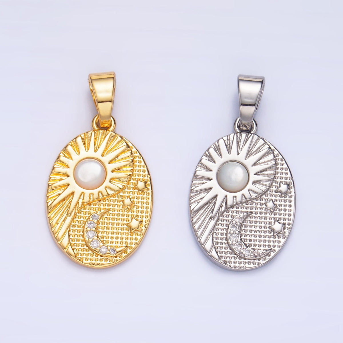 24K Gold Filled Shell Pearl Micro Paved Celestial Sun Moon Oval Pendant in Gold &amp; Silver | AA1021