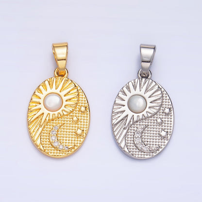 24K Gold Filled Shell Pearl Micro Paved Celestial Sun Moon Oval Pendant in Gold &amp; Silver | AA1021