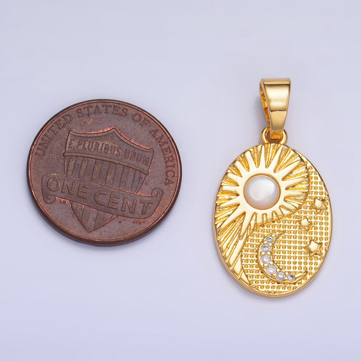 24K Gold Filled Shell Pearl Micro Paved Celestial Sun Moon Oval Pendant in Gold &amp; Silver | AA1021