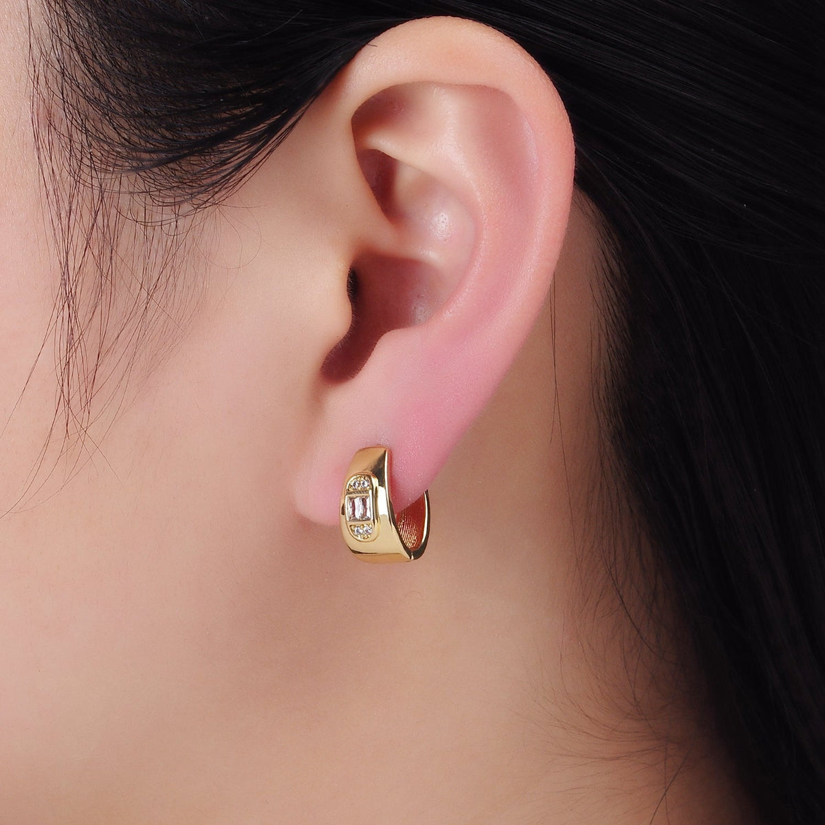 14K Gold Filled 15mm Baguette CZ Oblong Dome Hoop Earrings | P496