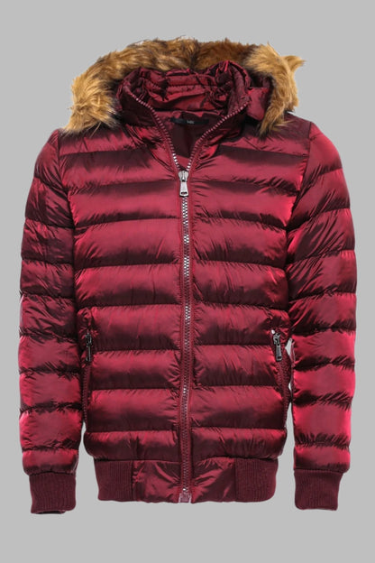 Fur Hooded Burgundy Men Down Coat - Wessi