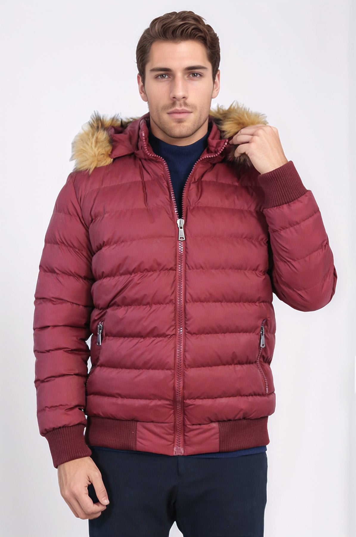 Fur Hooded Burgundy Men Down Coat - Wessi