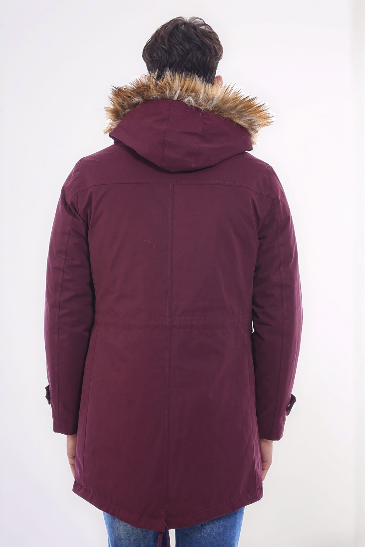 Fur Hooded Burgundy Men Coat - Wessi