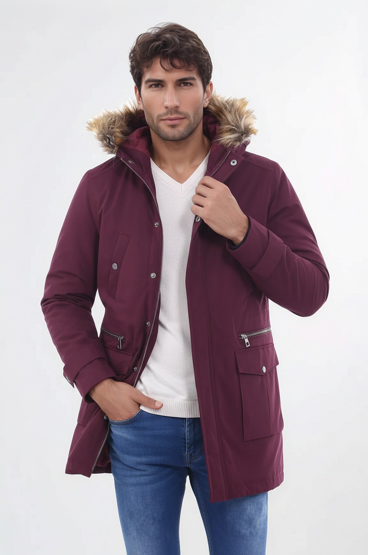 Fur Hooded Burgundy Men Coat - Wessi