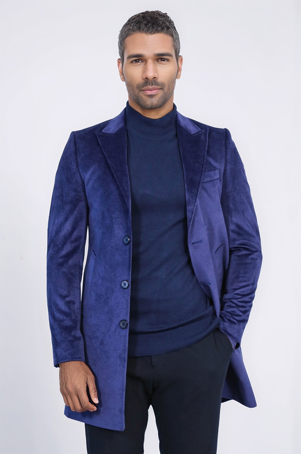 Peak Lapel Blue Men Coat - Wessi