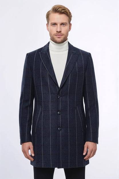 Checked Navy Blue Men Coat - Wessi