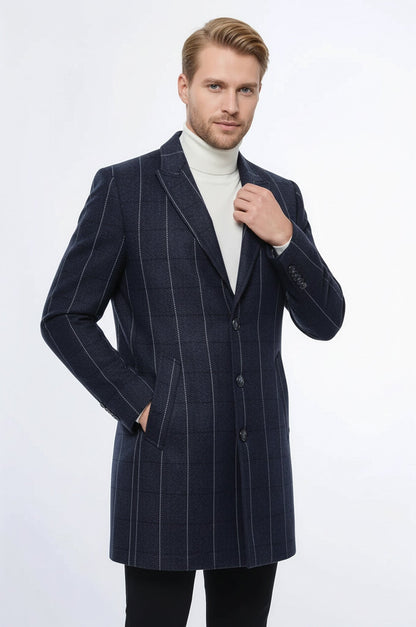 Checked Navy Blue Men Coat - Wessi