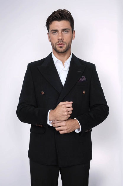 Mens Double Breasted Slim Fit Black Blazer - Wessi