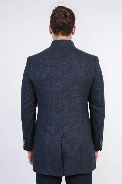 Standing Collar Checked Navy Blue Men Coat - Wessi