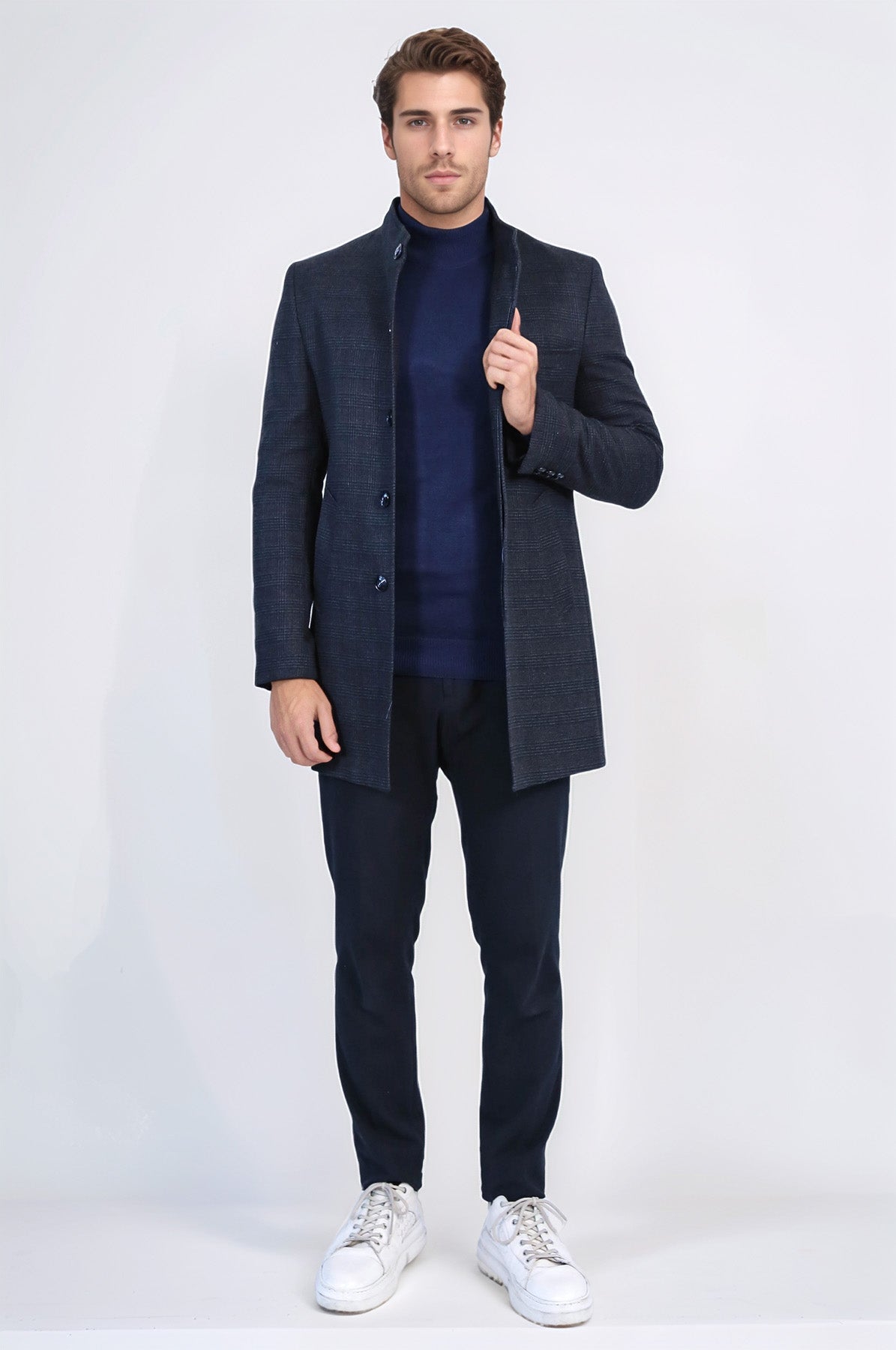 Standing Collar Checked Navy Blue Men Coat - Wessi