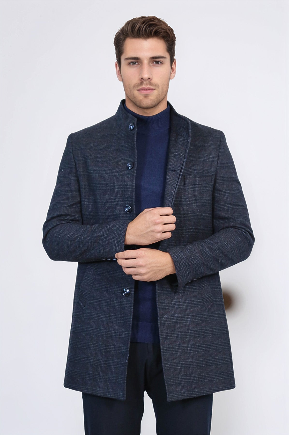 Standing Collar Checked Navy Blue Men Coat - Wessi
