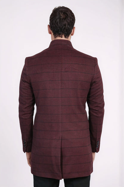 Mandarin Collar Burgundy Checked Coat - Wessi