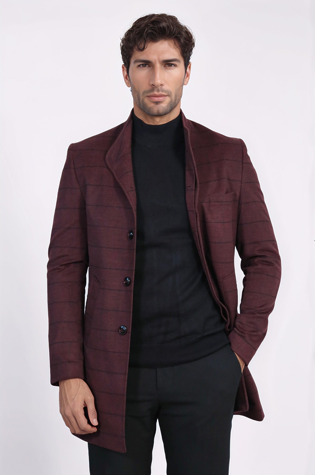 Mandarin Collar Burgundy Checked Coat - Wessi