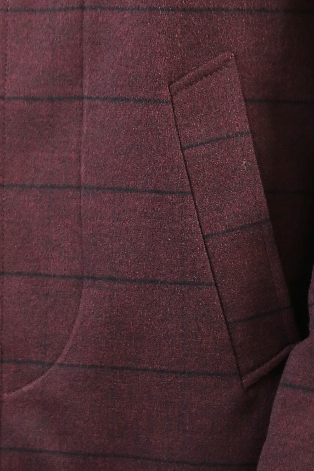 Mandarin Collar Burgundy Checked Coat - Wessi