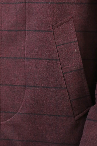 Mandarin Collar Burgundy Checked Coat - Wessi
