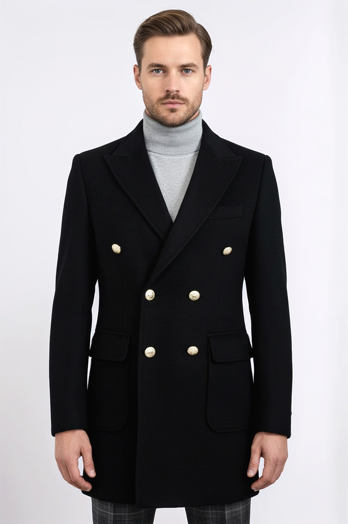 Metal Buttoned Double Breasted Black Men Long Coat - Wessi