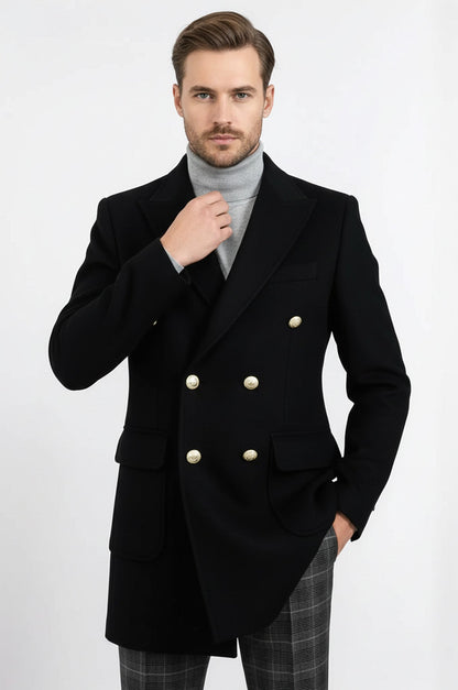 Metal Buttoned Double Breasted Black Men Long Coat - Wessi
