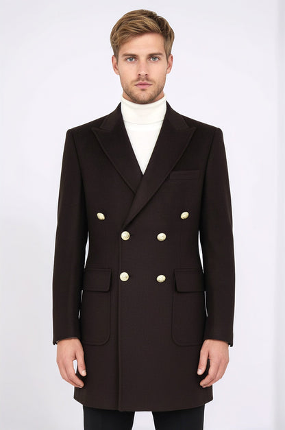 Brown Metal Buttoned Double Breasted Long Coat - Wessi