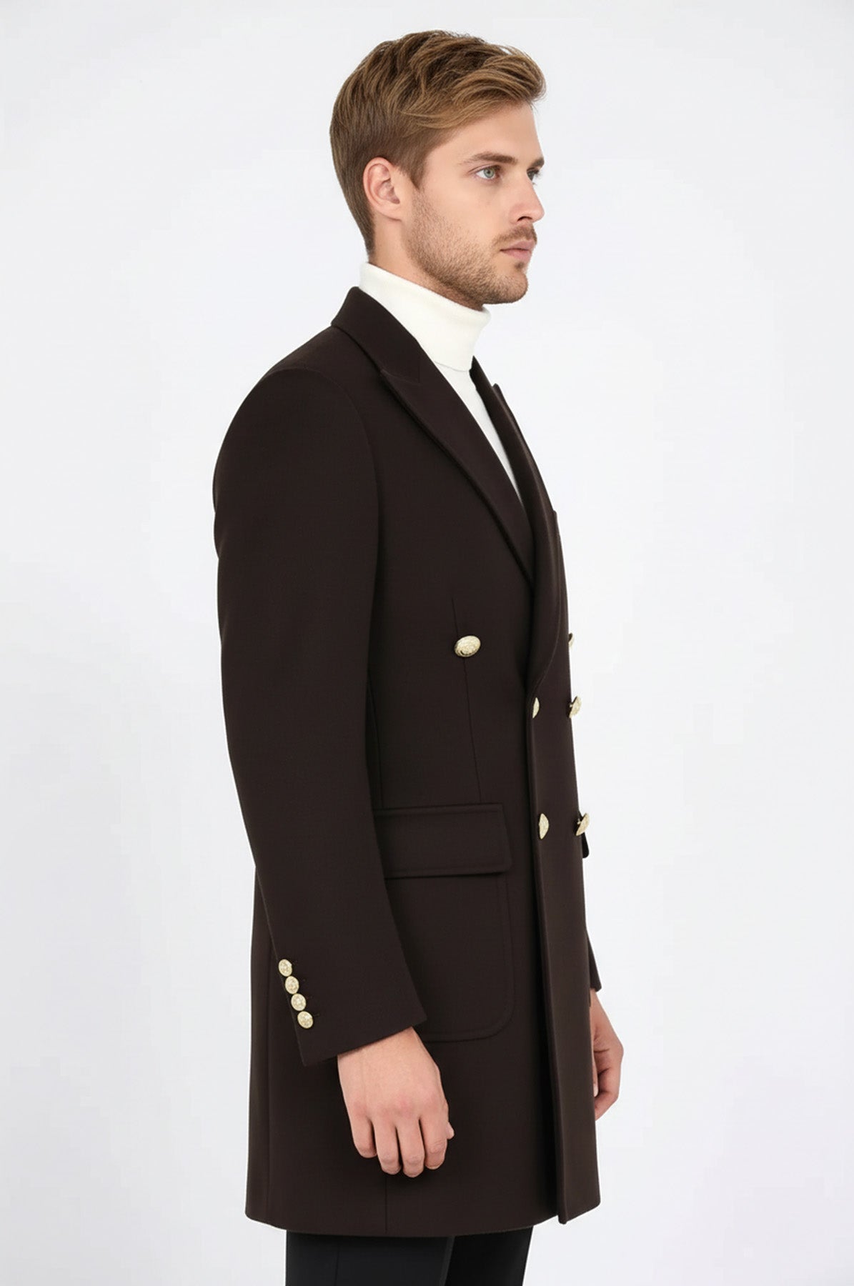 Brown Metal Buttoned Double Breasted Long Coat - Wessi