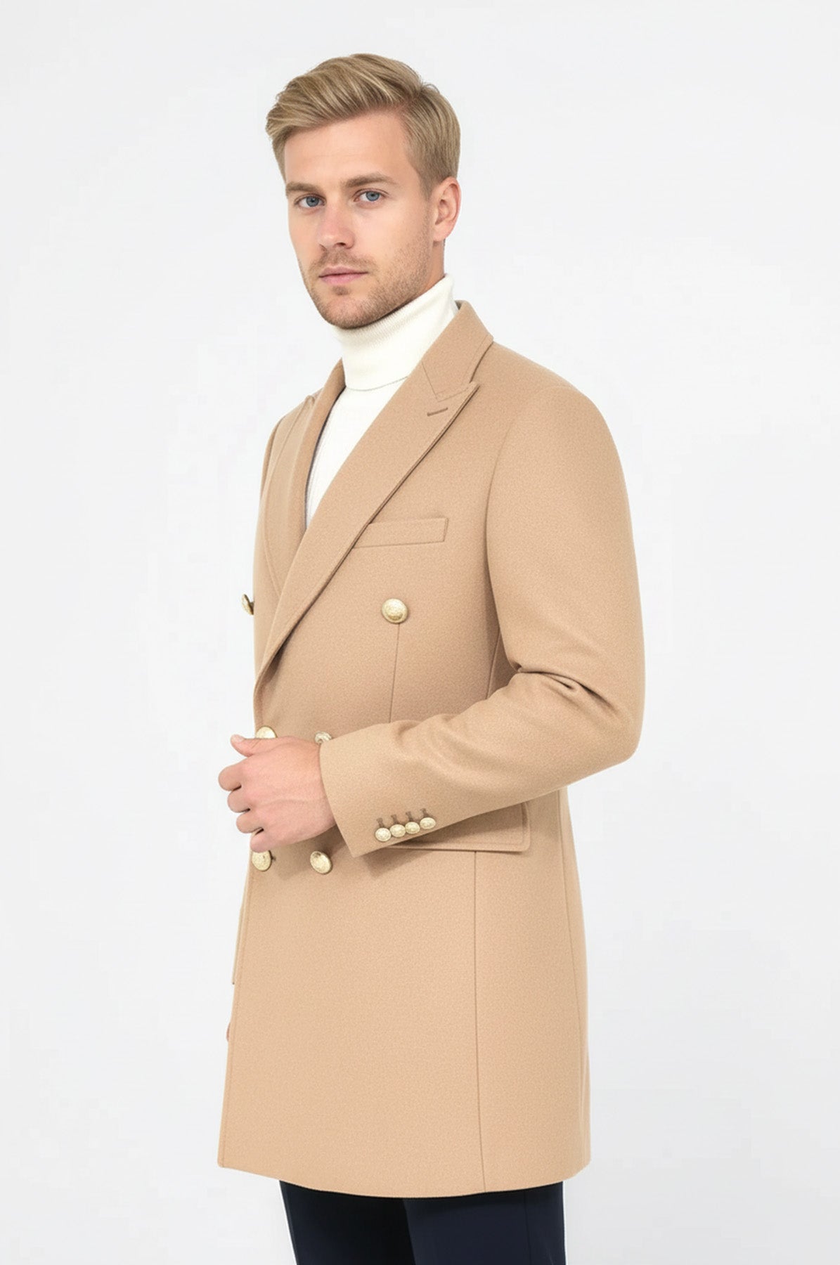 Metal Buttoned Double Breasted Cream Men Coat - Wessi