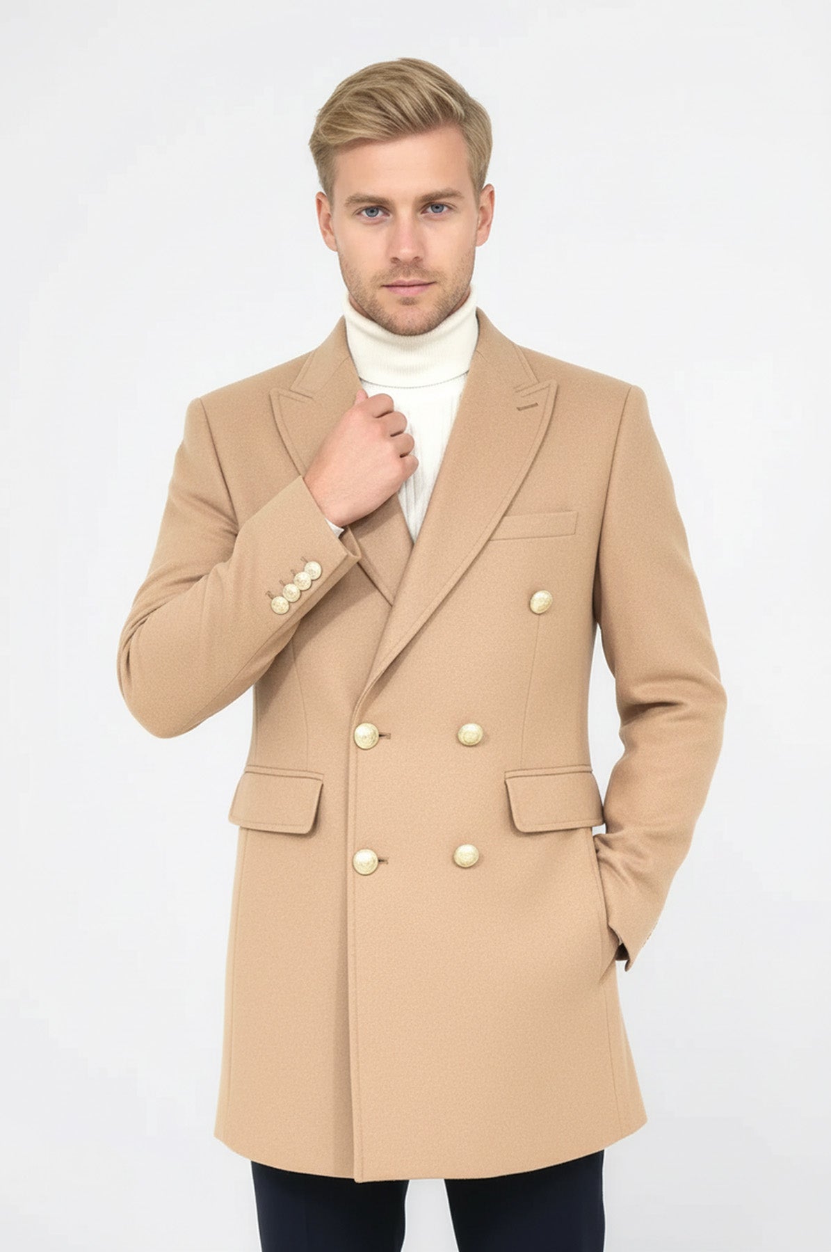 Metal Buttoned Double Breasted Cream Men Coat - Wessi