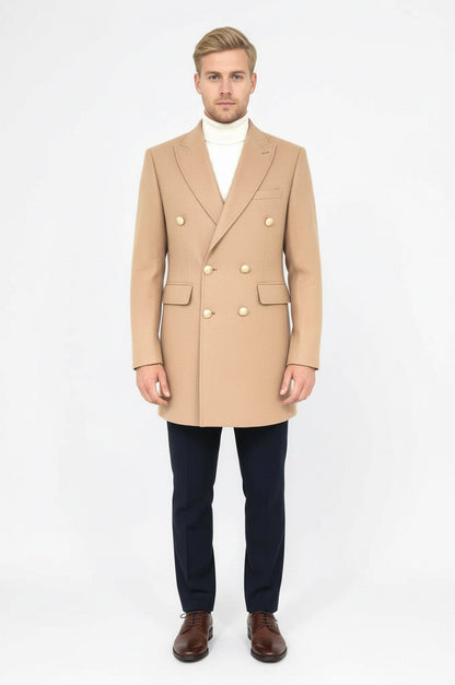 Metal Buttoned Double Breasted Cream Men Coat - Wessi